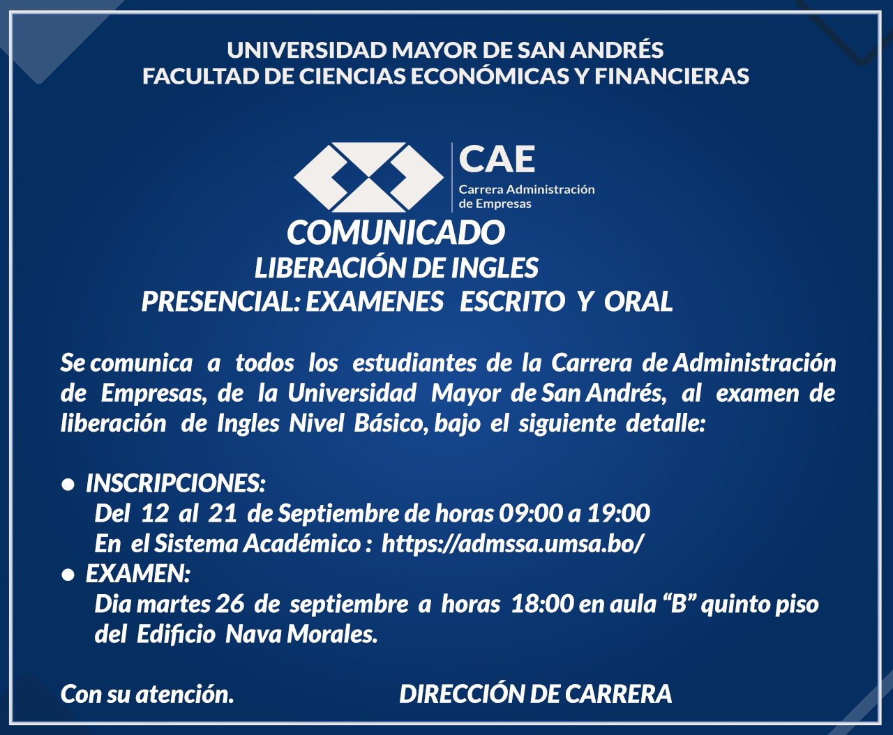 Comunicado Examen Liberaci N De Ingles Carrera Administraci N De Empresas