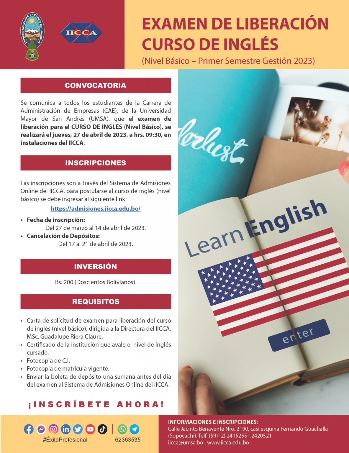 CONVOCATORIA PARA CURSOS DE INGLÉS, NIVEL BÁSICO Y EXAMEN DE LIBERACIÓN